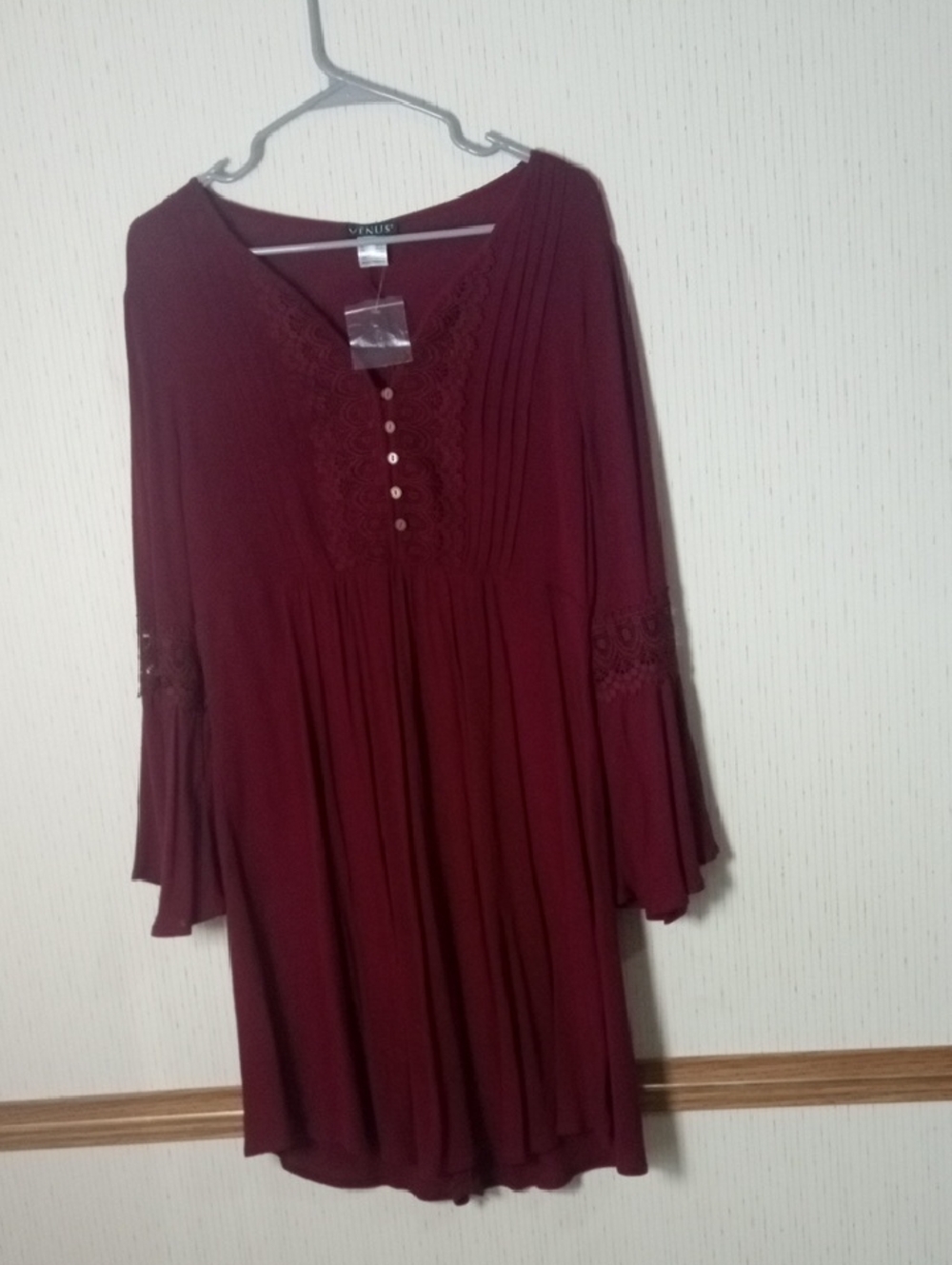 Women's Burgundy Long Sleeve Lace-Trim Dress, Boho, Party, Lacy,, Feminin